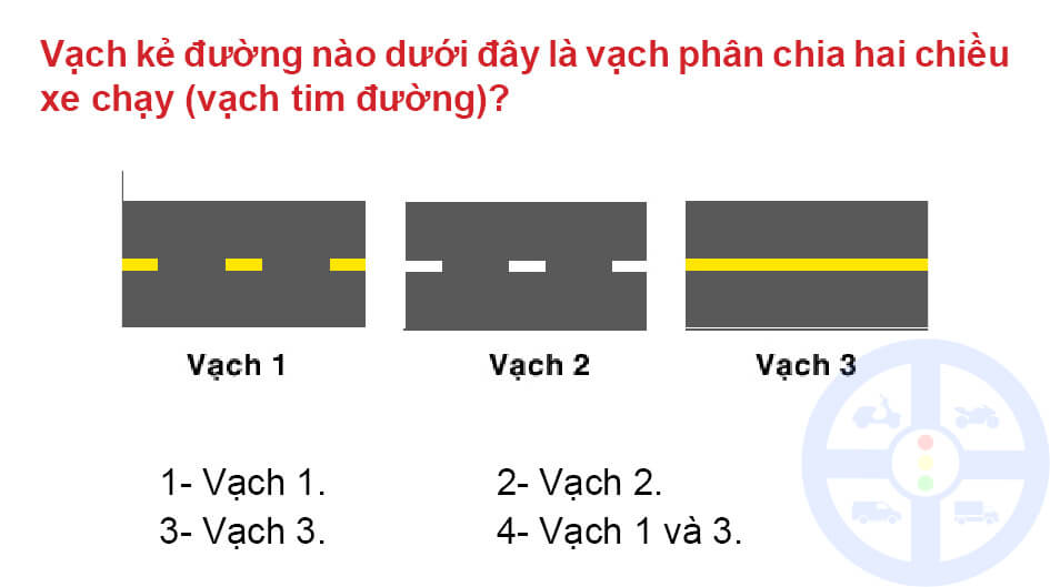 Vạch kẻ đường nào dưới đây là vạch phân chia hai chiều xe chạy (vạch tim đường)?