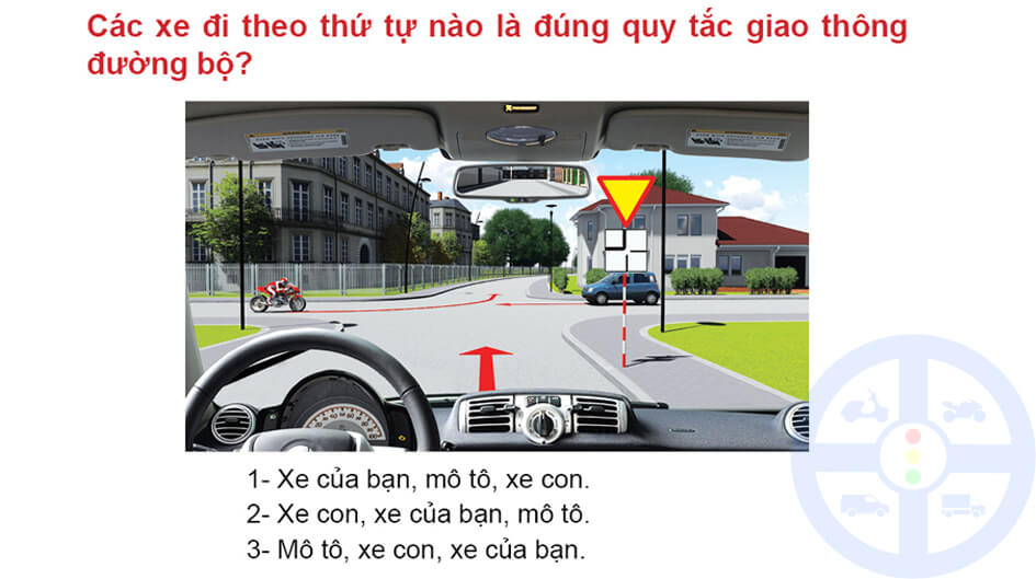 Các xe đi theo thứ tự nào là đúng quy tắc giao thông đường bộ? 